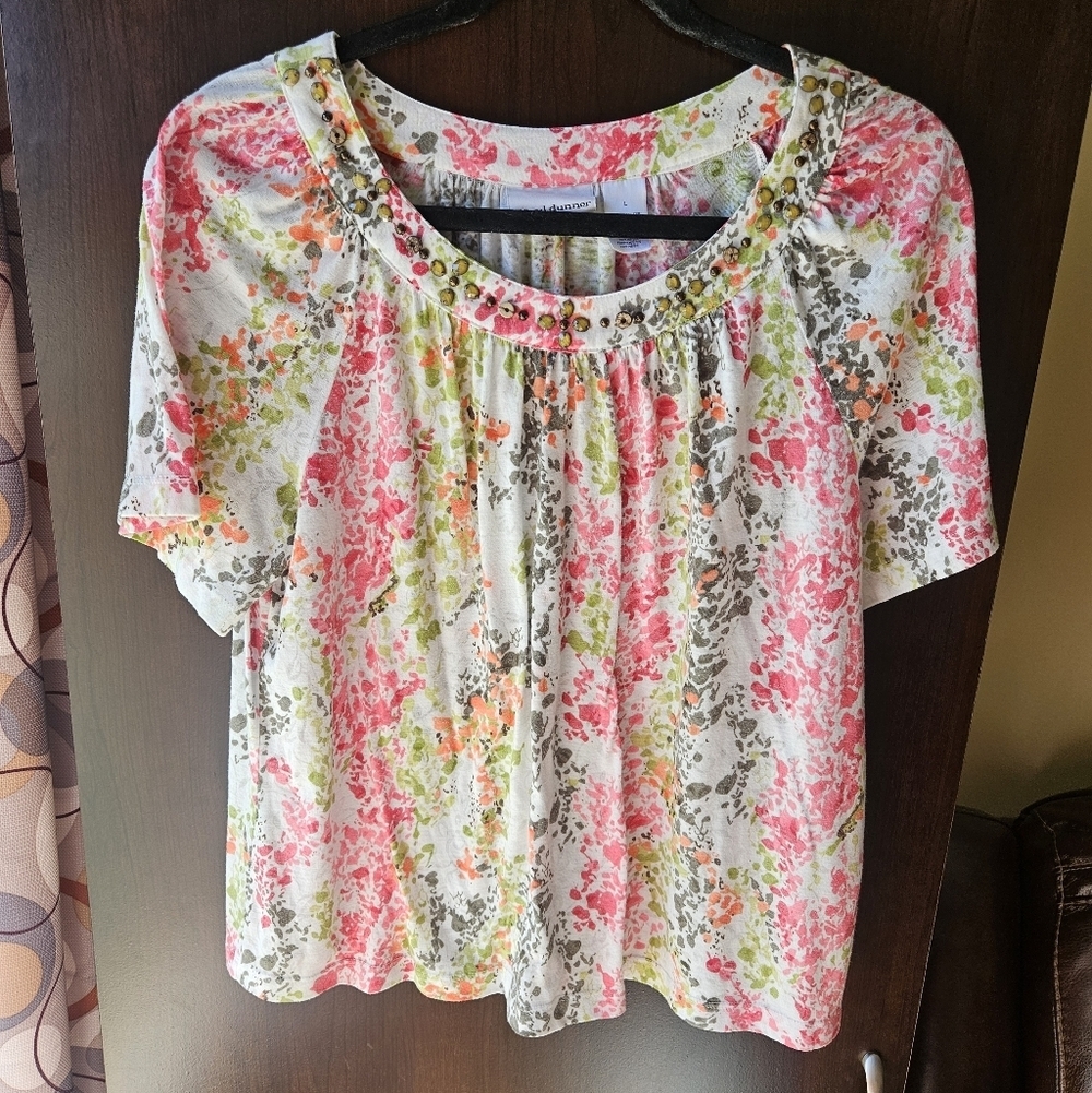 Alfred Dunner Floral Blouse With Embellished Neckline- Pink, Green, Gray